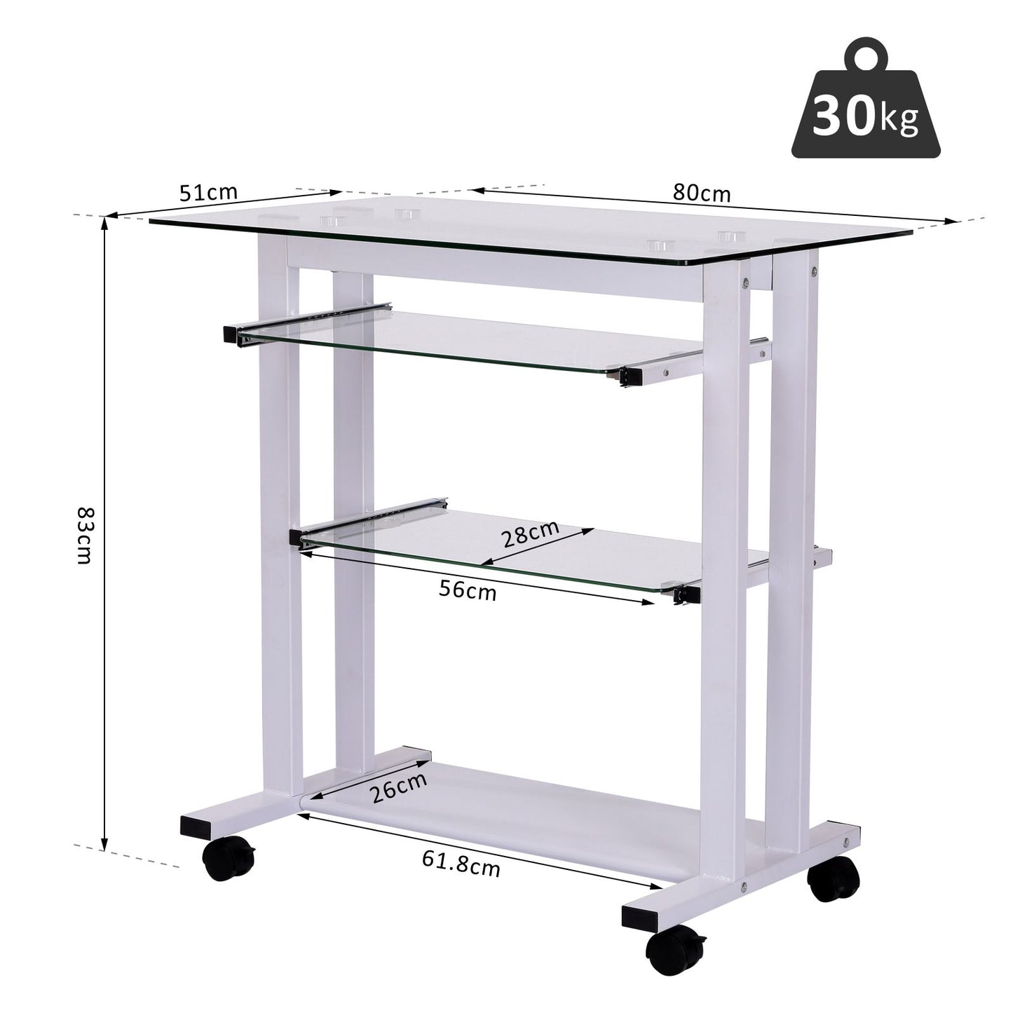 HOMCOM Computer Desk Glass Table Workstation Laptop pc desk mobile  with wheels White