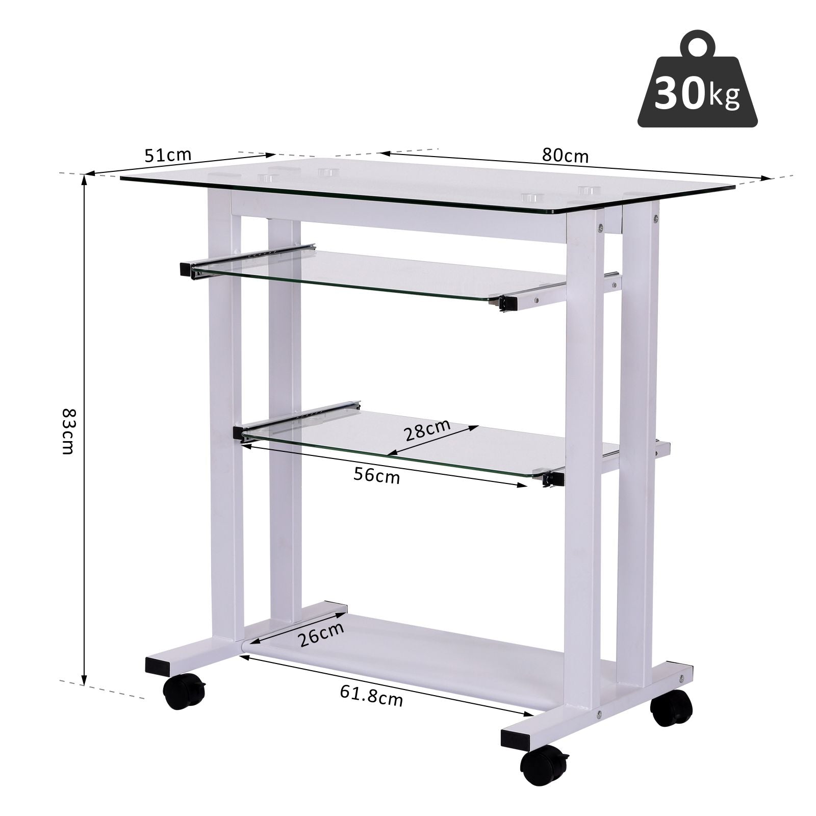 HOMCOM Computer Desk Glass Table Workstation Laptop pc desk mobile  with wheels White