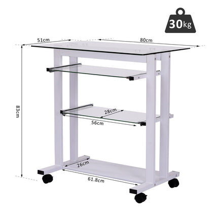 HOMCOM Computer Desk Glass Table Workstation Laptop pc desk mobile  with wheels White