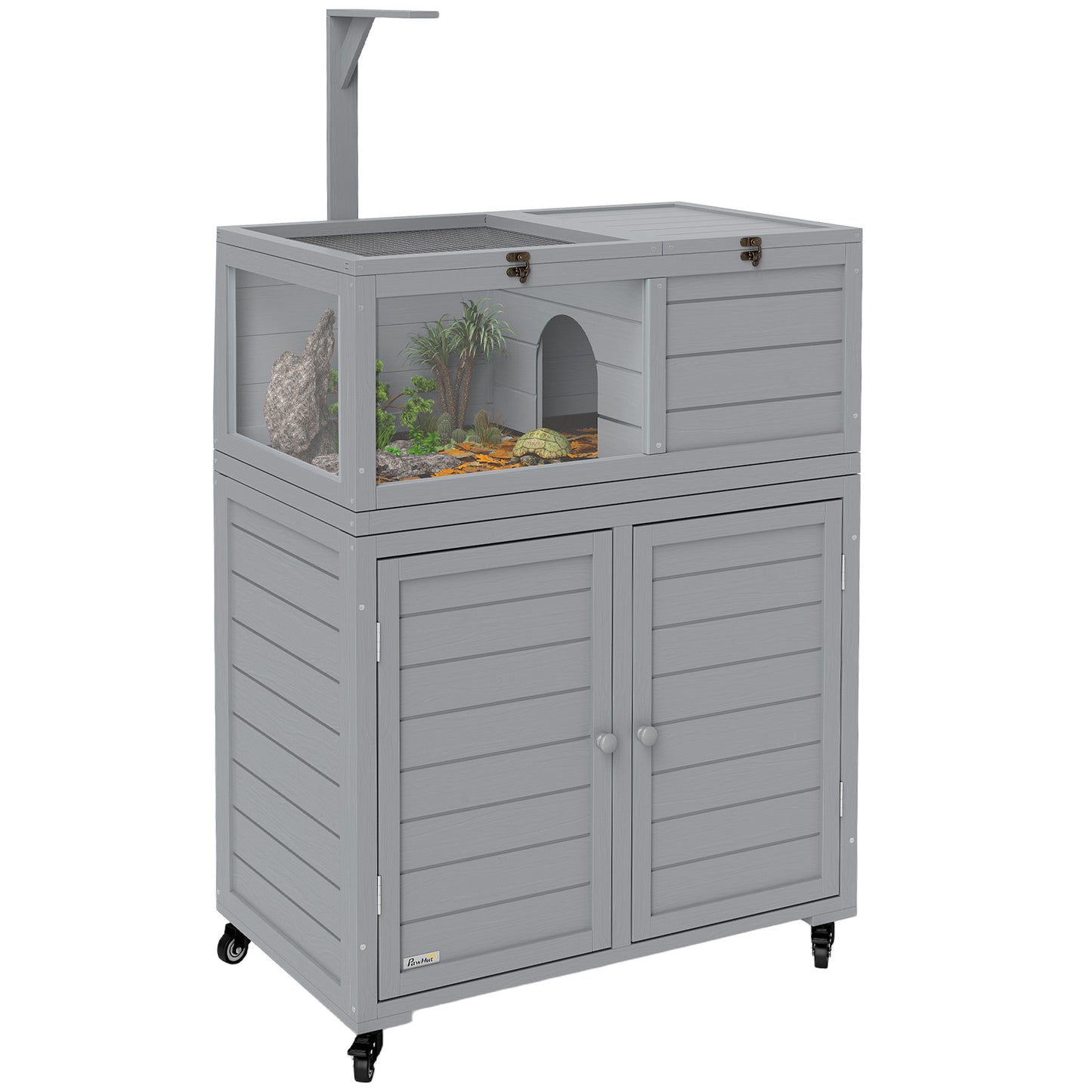 PawHut Wooden Tortoise House with Storage Cabinet, Openable Top, Lamp Holder, Windows, Light Grey