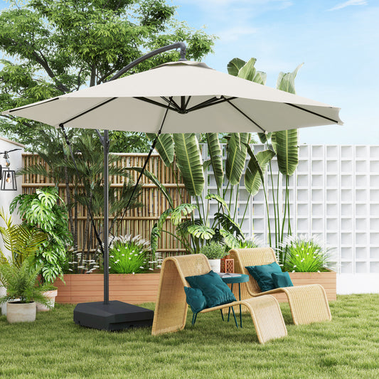 Outsunny 3(m) Garden Cantilever Parasol with Fillable Base up to 90kg, Wind Protection Strap, Cover, Round Banana Hanging Umbrella with Crank Handle and Tilt, UPF50+ Patio Umbrella, Cream