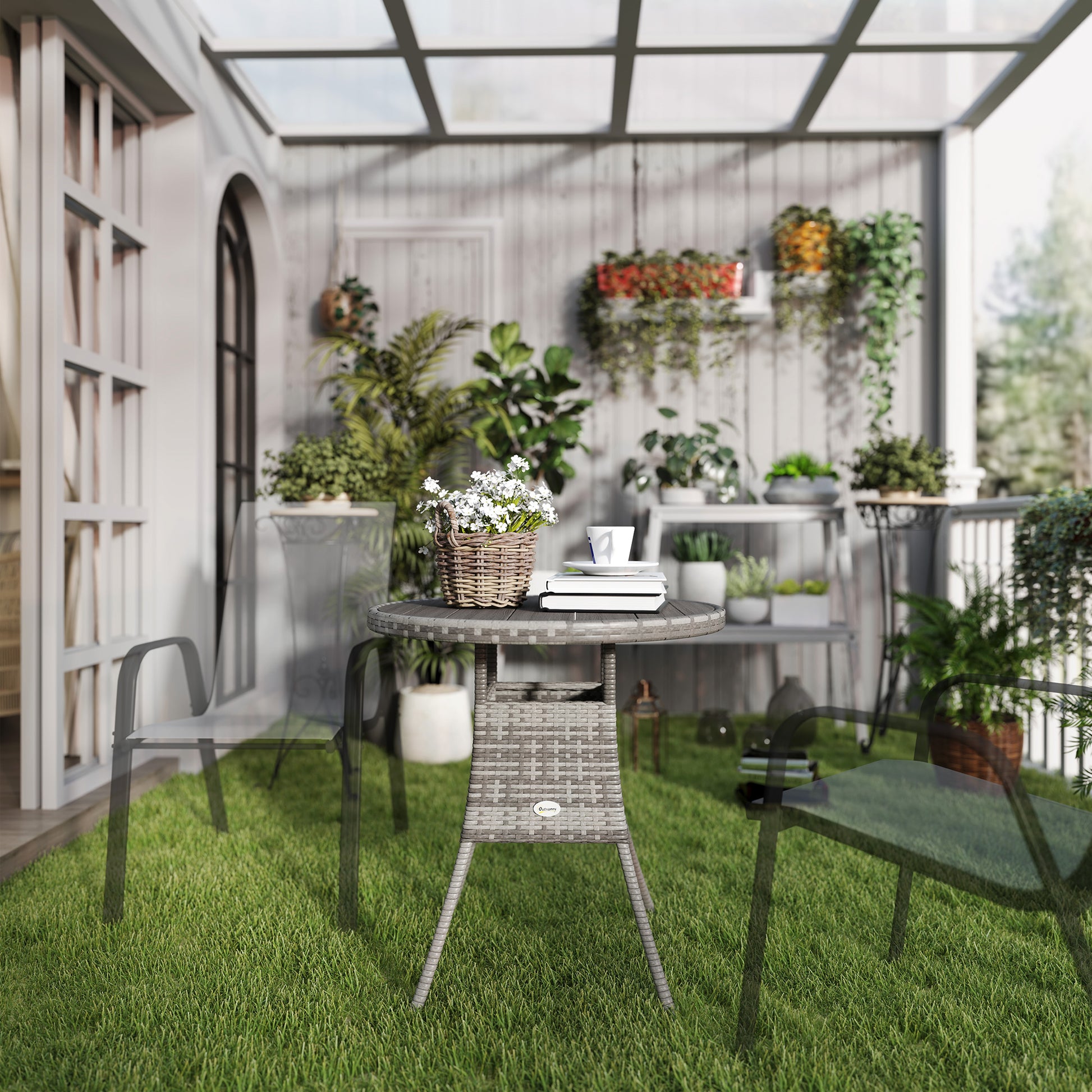 Outsunny 70cm Four-Person Wood-Effect Rattan Table - Grey