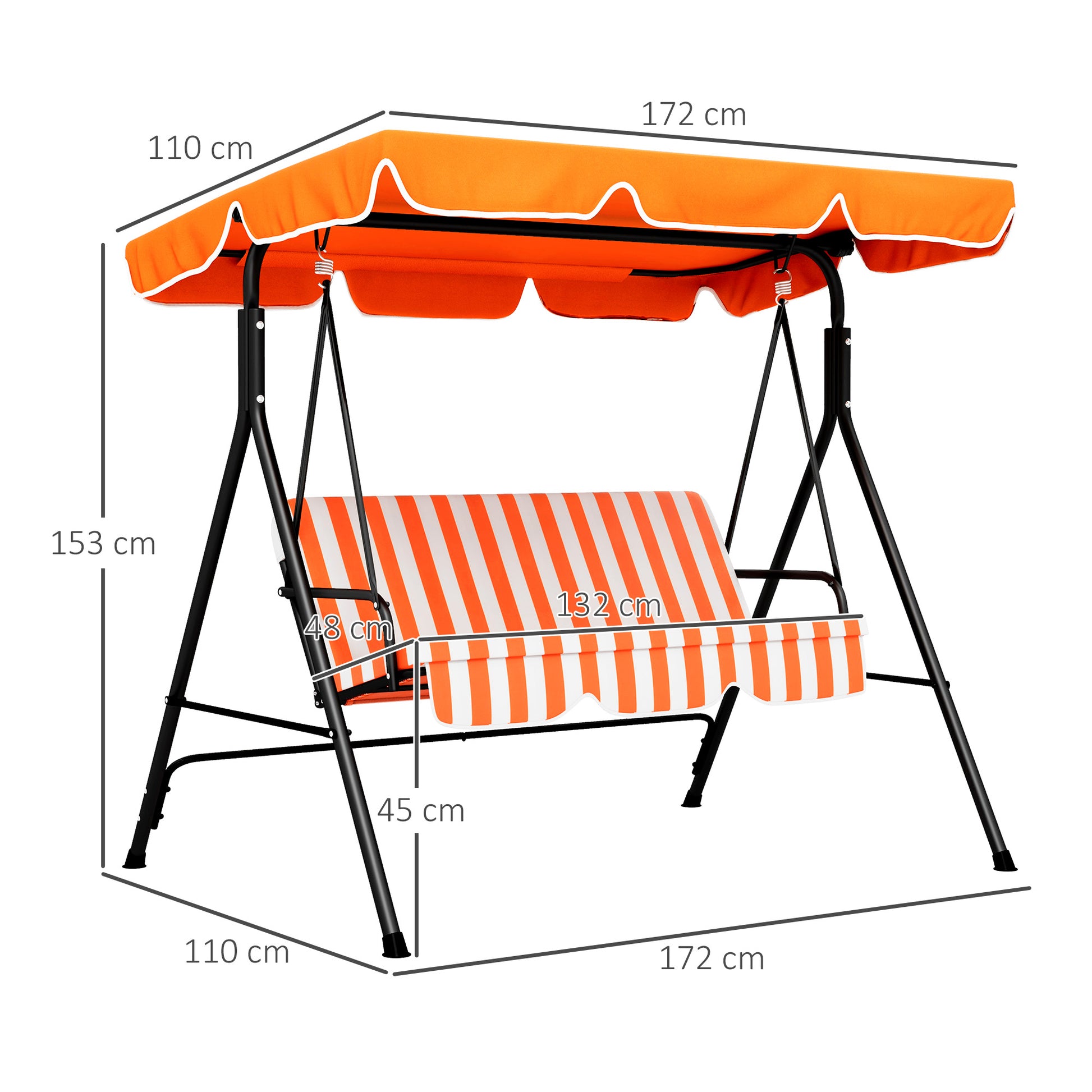 Outsunny 3 Seater Garden Swing Chair, Outdoor Swing Chair with Adjustable Canopy, Mental Frame & Cushions, Orange