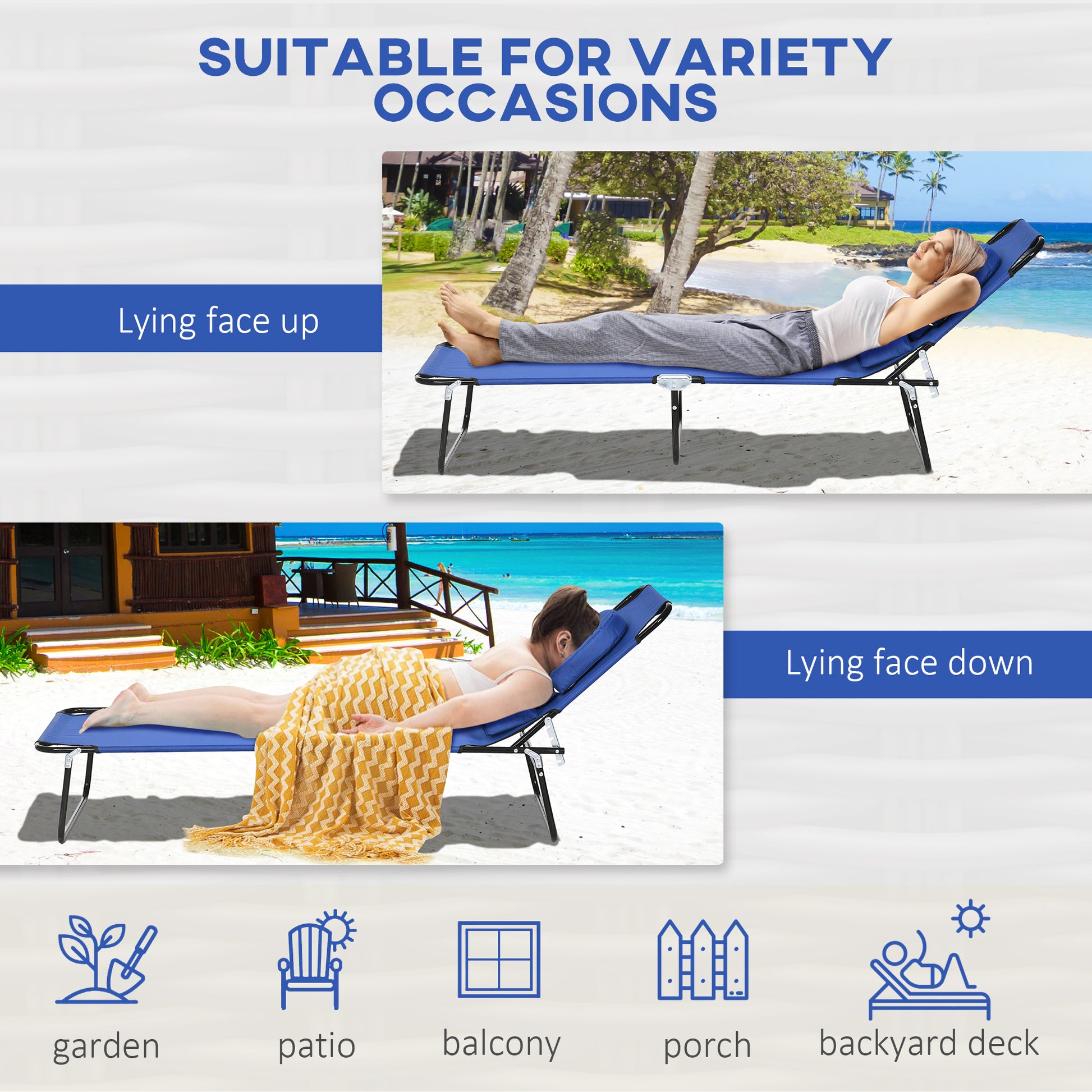 Outsunny Outdoor Folding Sun Lounger Set of 2 with Face Hole, 4 Level Adjustable Backrest Reclining Garden Lounger, Garden Recliner Sunbed with 600 D Oxford Cloth Seat and Pillow for Beach, Blue