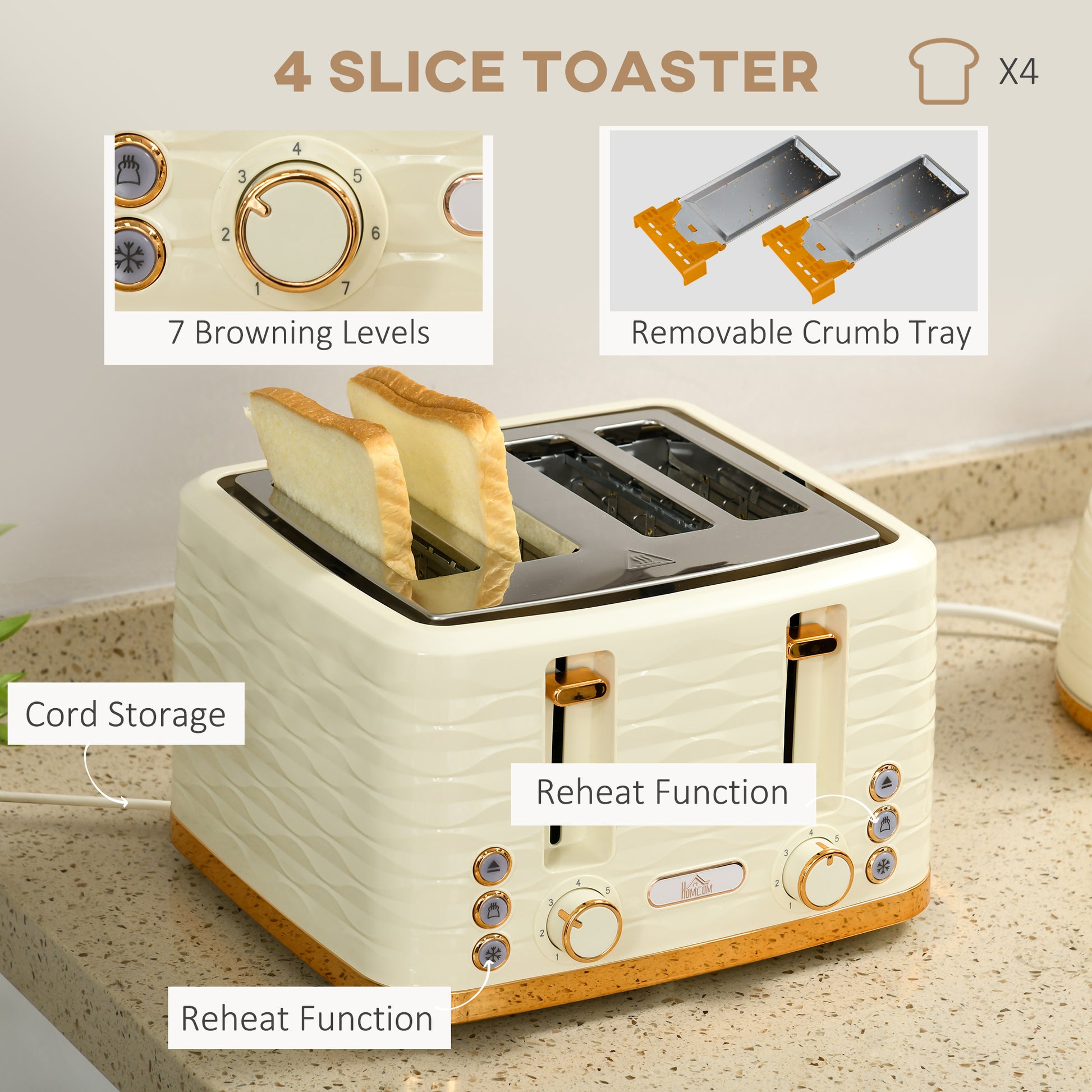 HOMCOM 3000W 1.7L Rapid Boil Kettle & 4 Slice Toaster, Kettle and Toaster Set with 7 Browning Controls and Crumb Tray, Beige