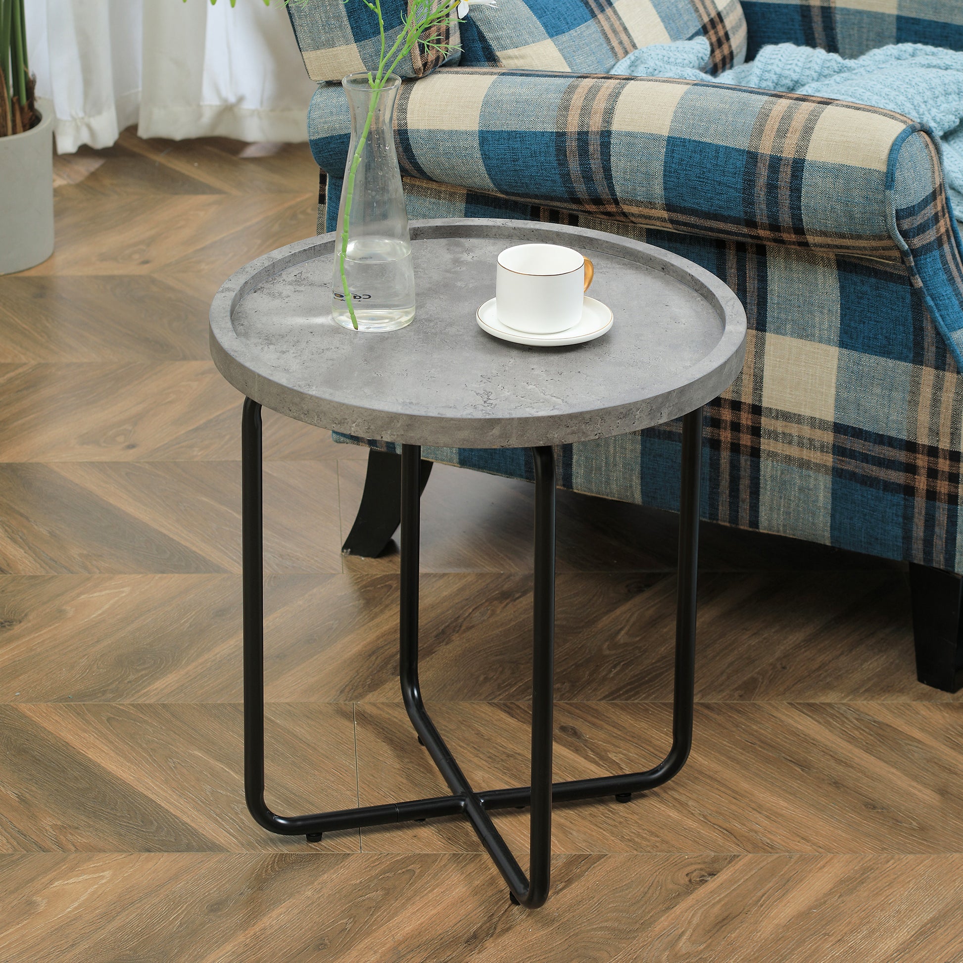 HOMCOM Round End Table, Modern Accent Side Table with Cement Effect Tabletop and Metal Frame for Living Room