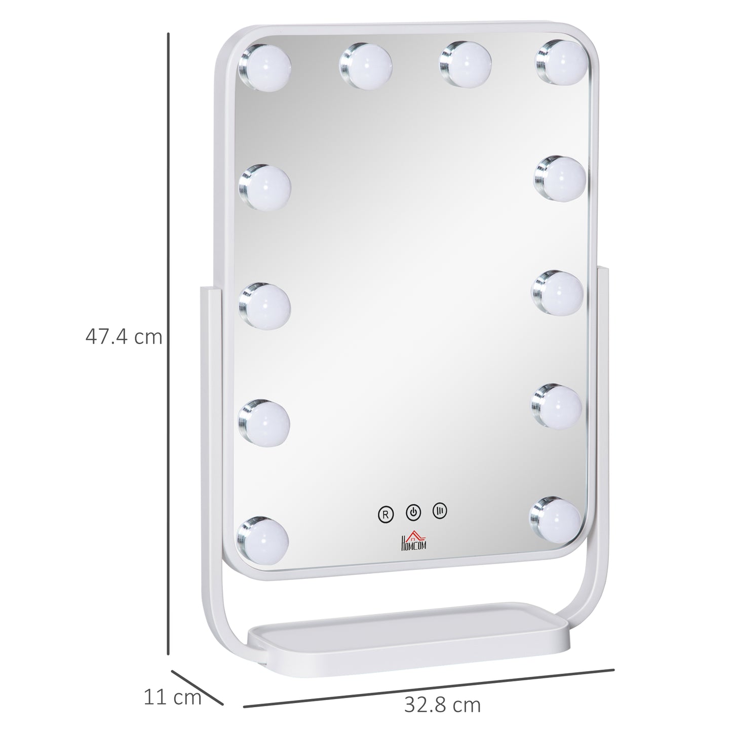 HOMCOM Hollywood Makeup Mirror with LED Lights, Tabletop Vanity Mirror with 12 Dimmable LED Bulbs, Memory Function and Metal Frame, White