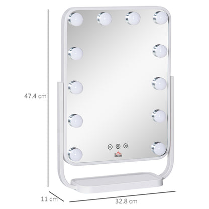 HOMCOM Hollywood Makeup Mirror with LED Lights, Tabletop Vanity Mirror with 12 Dimmable LED Bulbs, Memory Function and Metal Frame, White
