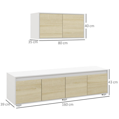 HOMCOM 2 Pieces TV Unit Set with Wall Cabinet, Freestanding Unit for 70-inch TVs, Wall Mounted Storage Cupboard, with Adjustable shelves