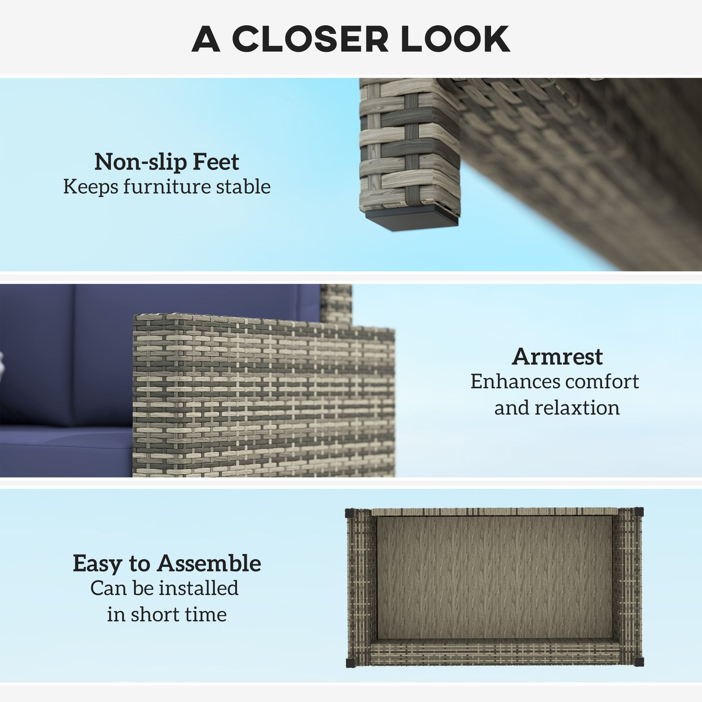 Outsunny Rattan Sofa, 2 Seater Garden Furniture with Soft Padded Cushion and Armrests, Wicker Garden Loveseat for Patio, Navy Blue