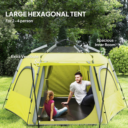 Outsunny Instant Camping Tent, 2/3/4 Person Easy Setup Dome Family Tent with Vestibule, Rainfly, 4 Mesh Windows & 2 Doors, Hexagonal Design, Waterproof & UV Protected, Yellow Green