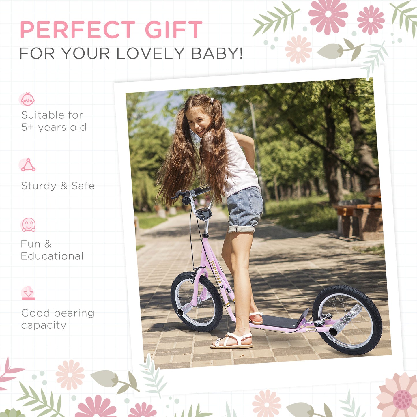 HOMCOM Non-Electric Pneumatic 16" Tyres Scooter-Pink