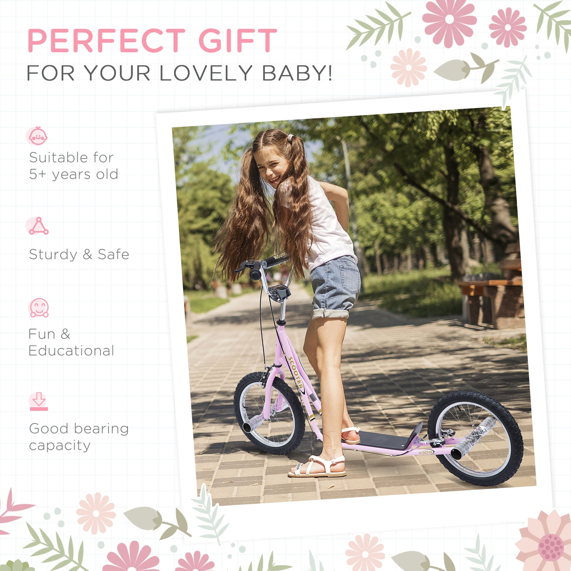 HOMCOM Non-Electric Pneumatic 16" Tyres Scooter-Pink