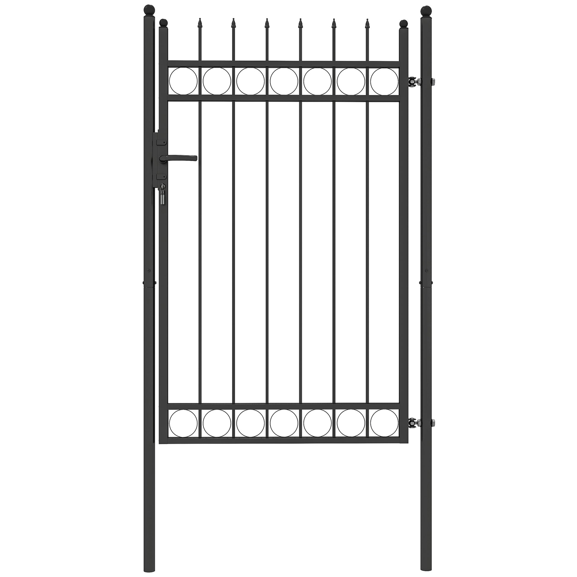 Outsunny Galvanised Steel Garden Gate, Outdoor Fence Gate Security Barrier with Lock, Keys and Handle, Outdoor Entrance Way Door with Classic Finials, 105 x 204 cm, Black