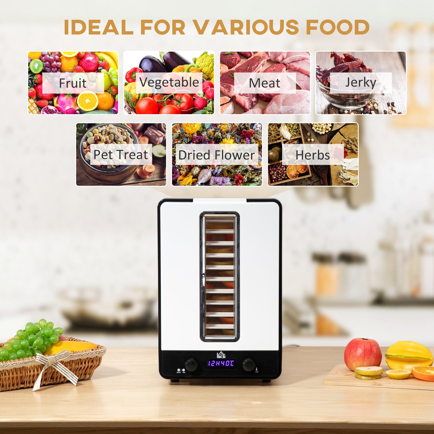 HOMCOM 11 Tier Food Dehydrator, 550W Food Dryer Machine with Adjustable Temperature, Timer and LCD Display for Drying Fruit, Meat, Vegetable, White
