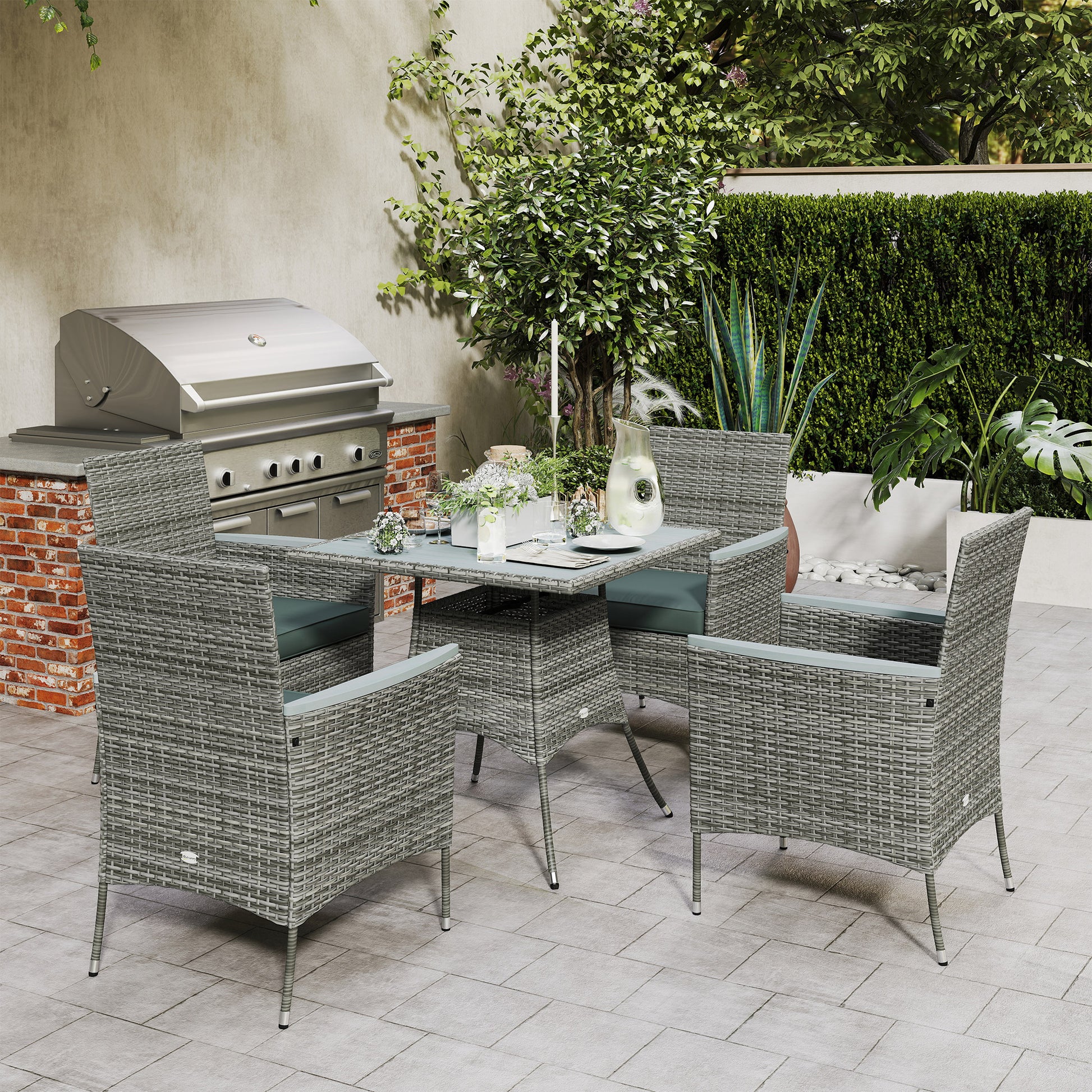 Outsunny Five-Piece Rattan Set, with Wood-Top Table - Grey