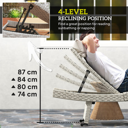 Outsunny Outdoor PE Rattan Sun Lounger, Folding Wicker Garden Lounger Recliner with 4-Level Adjustable Backrest, Rolling Sunbed Lounge Chair with Wheels, Non-Slip Legs for Balcony, Beach, Grey