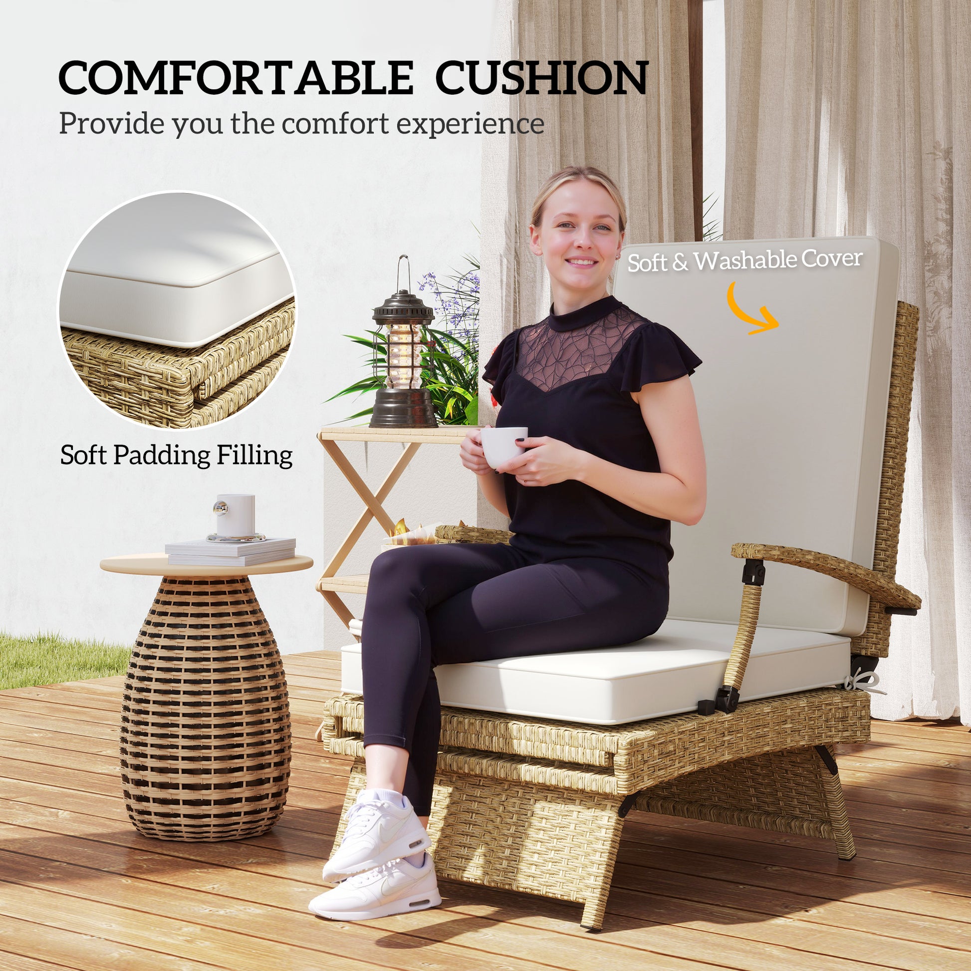Outsunny 80° Reclining Rattan Lounger - White/Beige