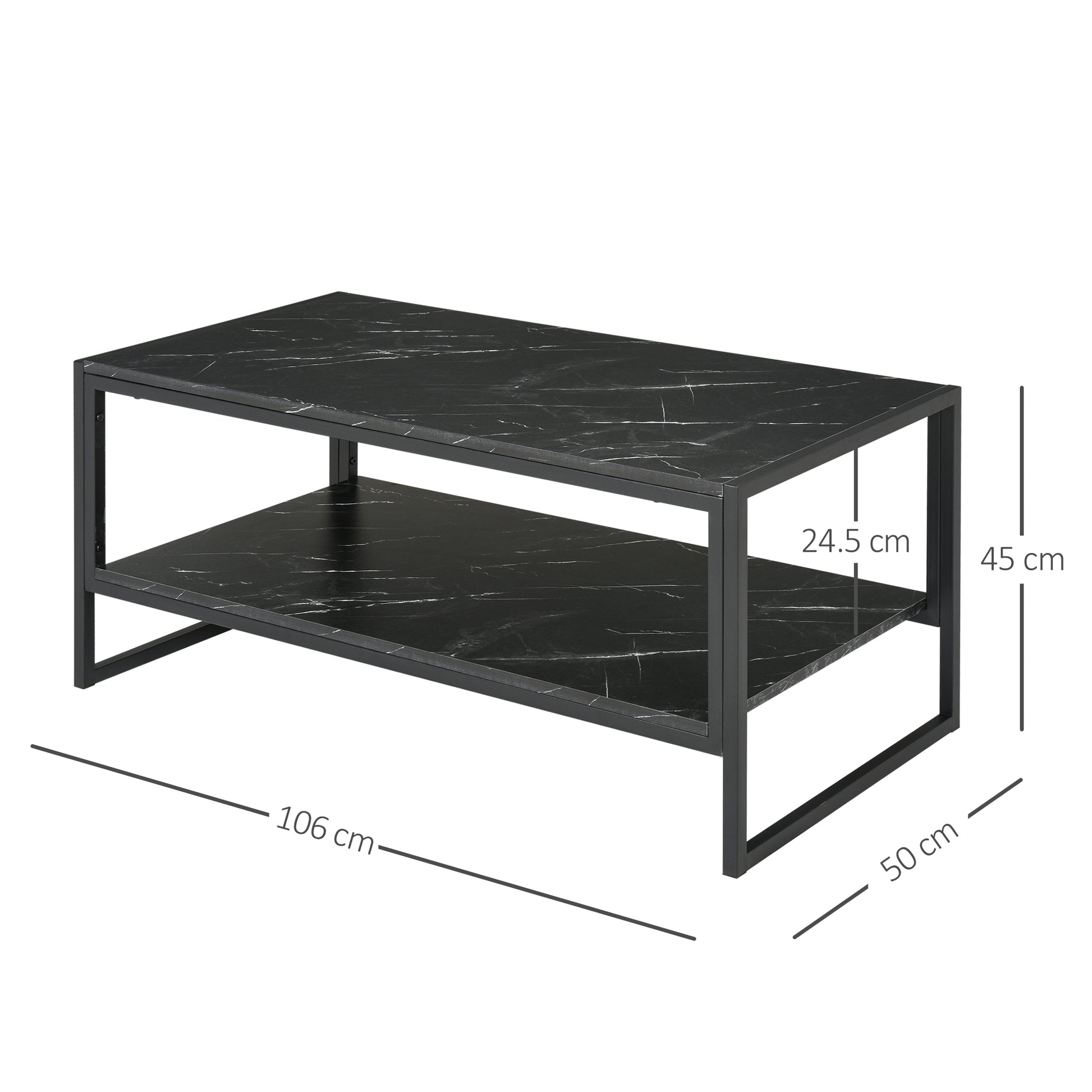 HOMCOM Two-Tier Laminate Marble Print Table Top Coffee Table w/ Metal Frame Foot Pads Elegant Modern Style 2 Shelves Home Display Storage Unit Black