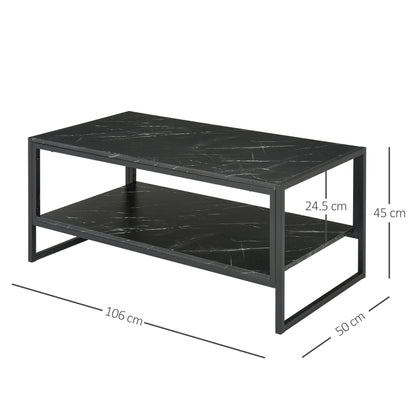HOMCOM Two-Tier Laminate Marble Print Table Top Coffee Table w/ Metal Frame Foot Pads Elegant Modern Style 2 Shelves Home Display Storage Unit Black