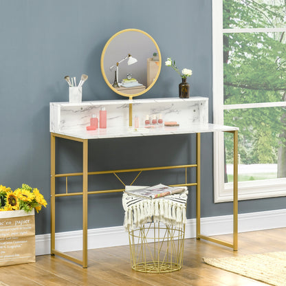 HOMCOM Modern Dressing Table with Round Mirror, Vanity Makeup Desk with Open Storage, Faux Marble Texture and Steel Frame for Bedroom, White