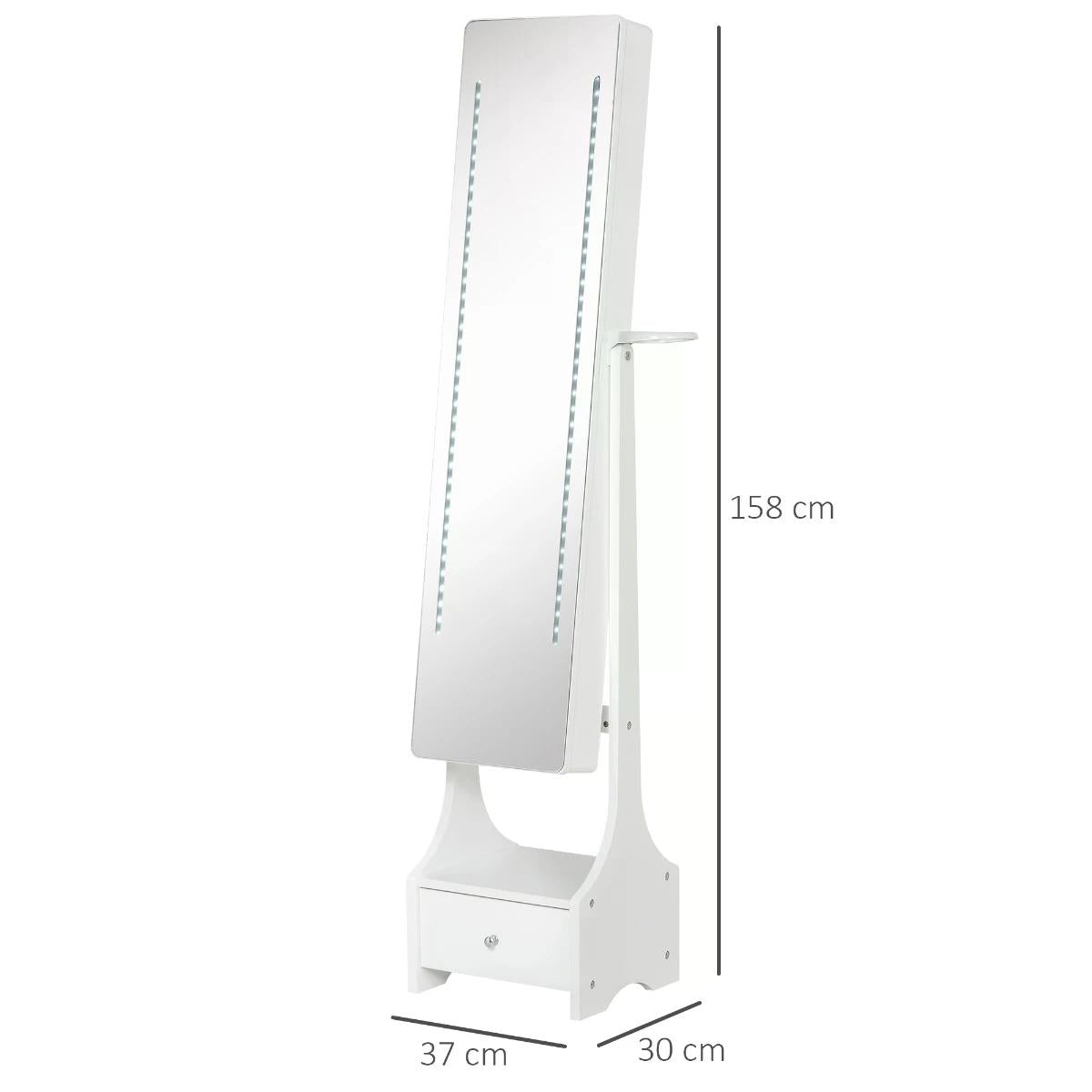 HOMCOM Freestanding Jewellery Cabinet Storage Mirror Armoire w/ LED Lights Hooks Drawer Hairdryer Holder Vanity Adjustable Bedroom Furnishing White