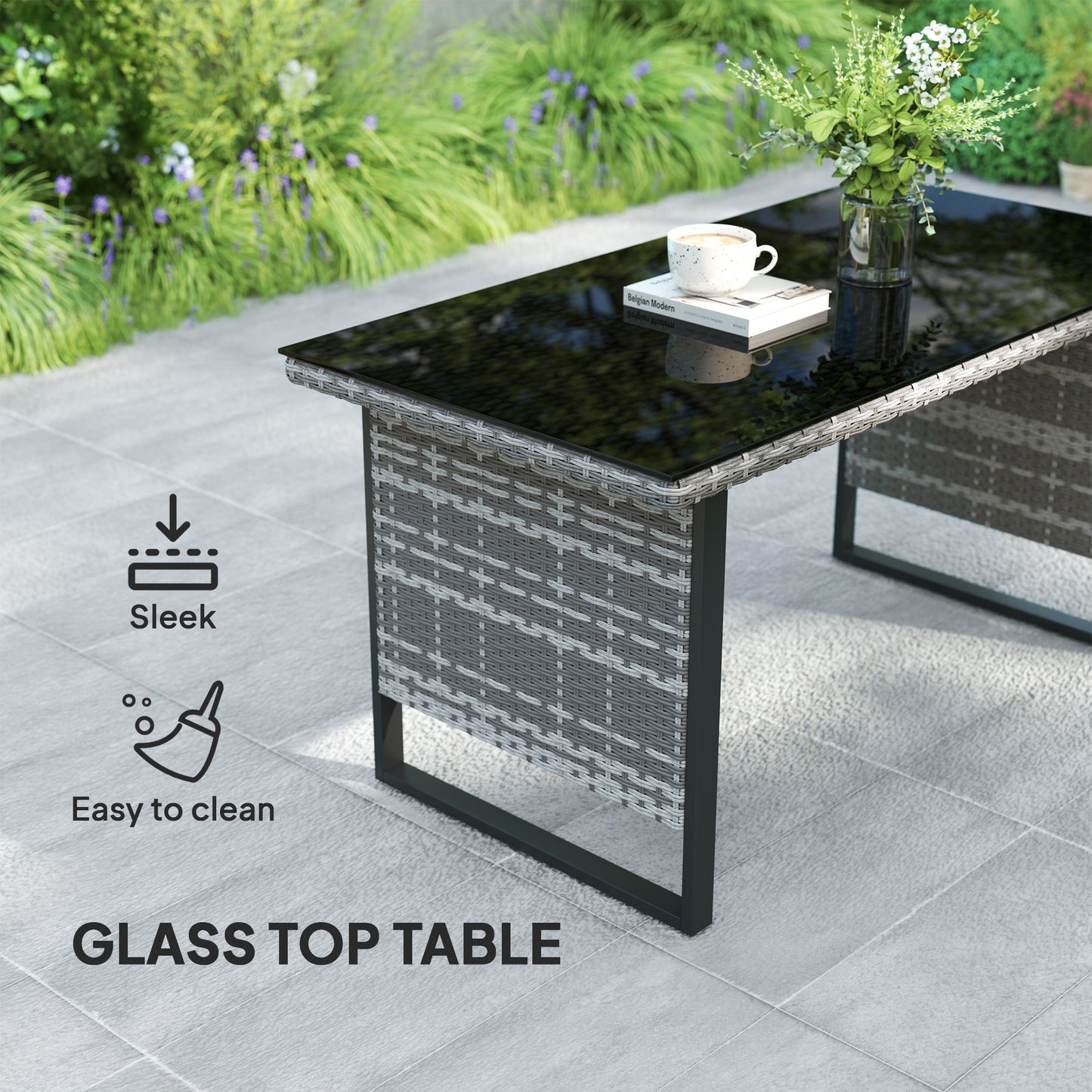 Outsunny 9 Piece Rattan Garden Furniture Set, 8 Seater Garden Corner Sofa with Cushions and Glass Top Table, Sectional Outdoor Furniture Conservatory Set for Patio, Light Grey