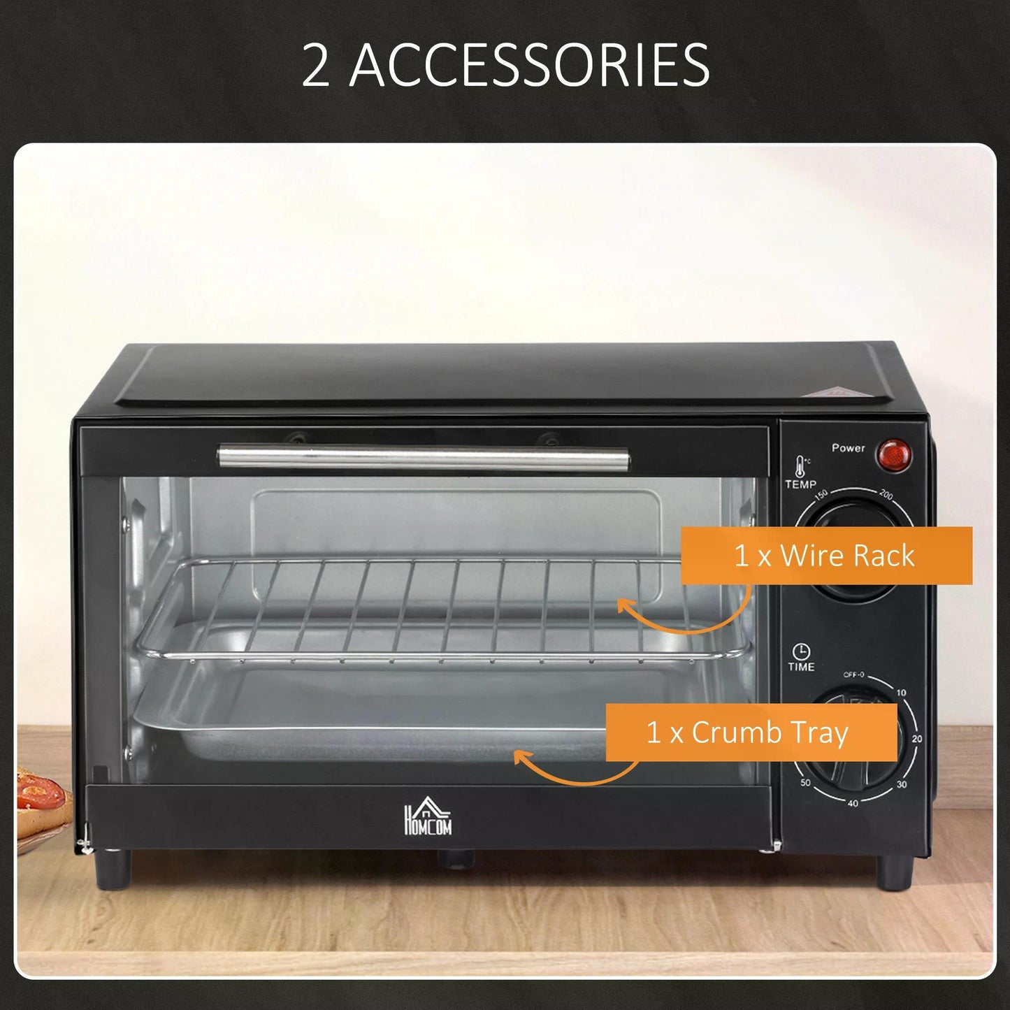 HOMCOM Convection Mini Oven, 9L Countertop Electric Grill, Toaster Oven with Adjustable Temperature, Timer, Baking Tray and Wire Rack, 750W