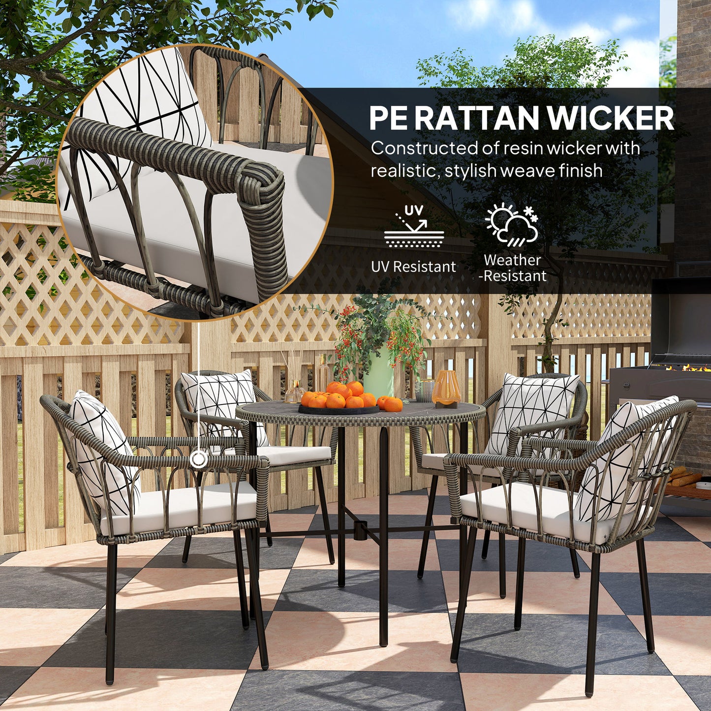 Outsunny 5 Piece Patio Rattan Dining Set, Wicker Garden Table and Chairs w/ Removable Seat & Back Cushions, Round Tempered Glass Tabletop, Parasol Hole, Outdoor Furniture Conservatory Set, Grey
