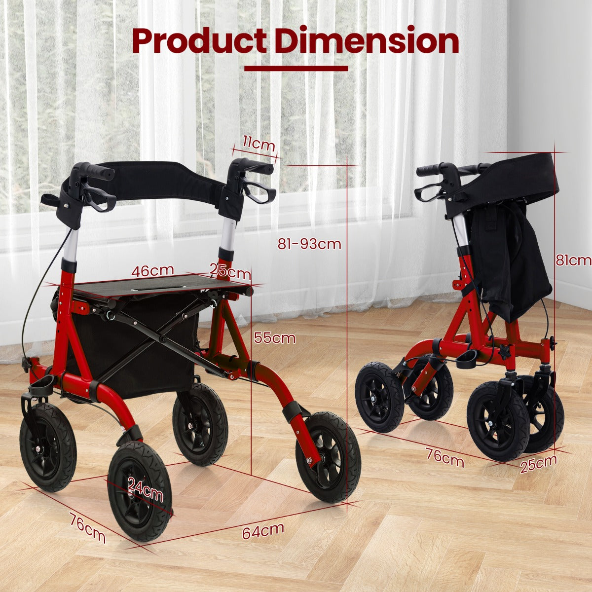 Foldable Rolling Walker with Seat-Red