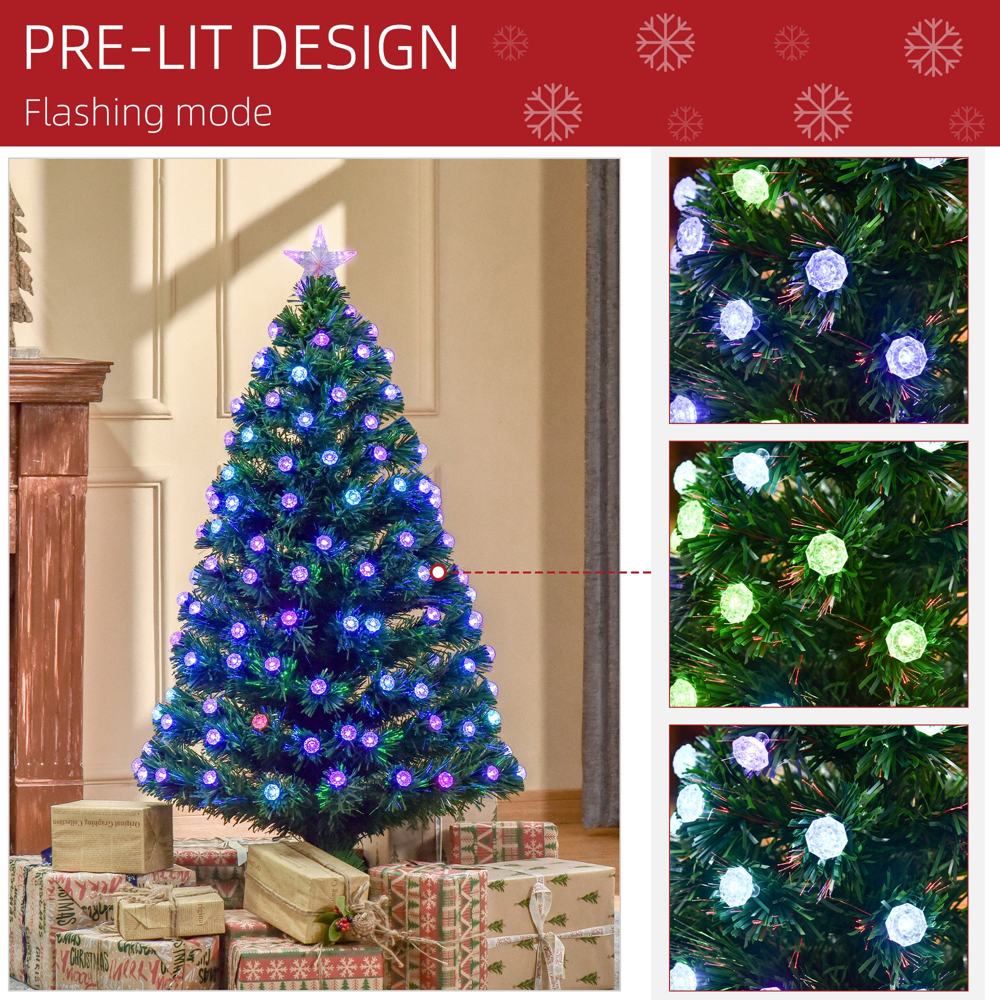HOMCOM 4FT Prelit Christmas Tree Artificial w/Fibre Optic Decorations LED Light Holiday Home Xmas Decoration-Green