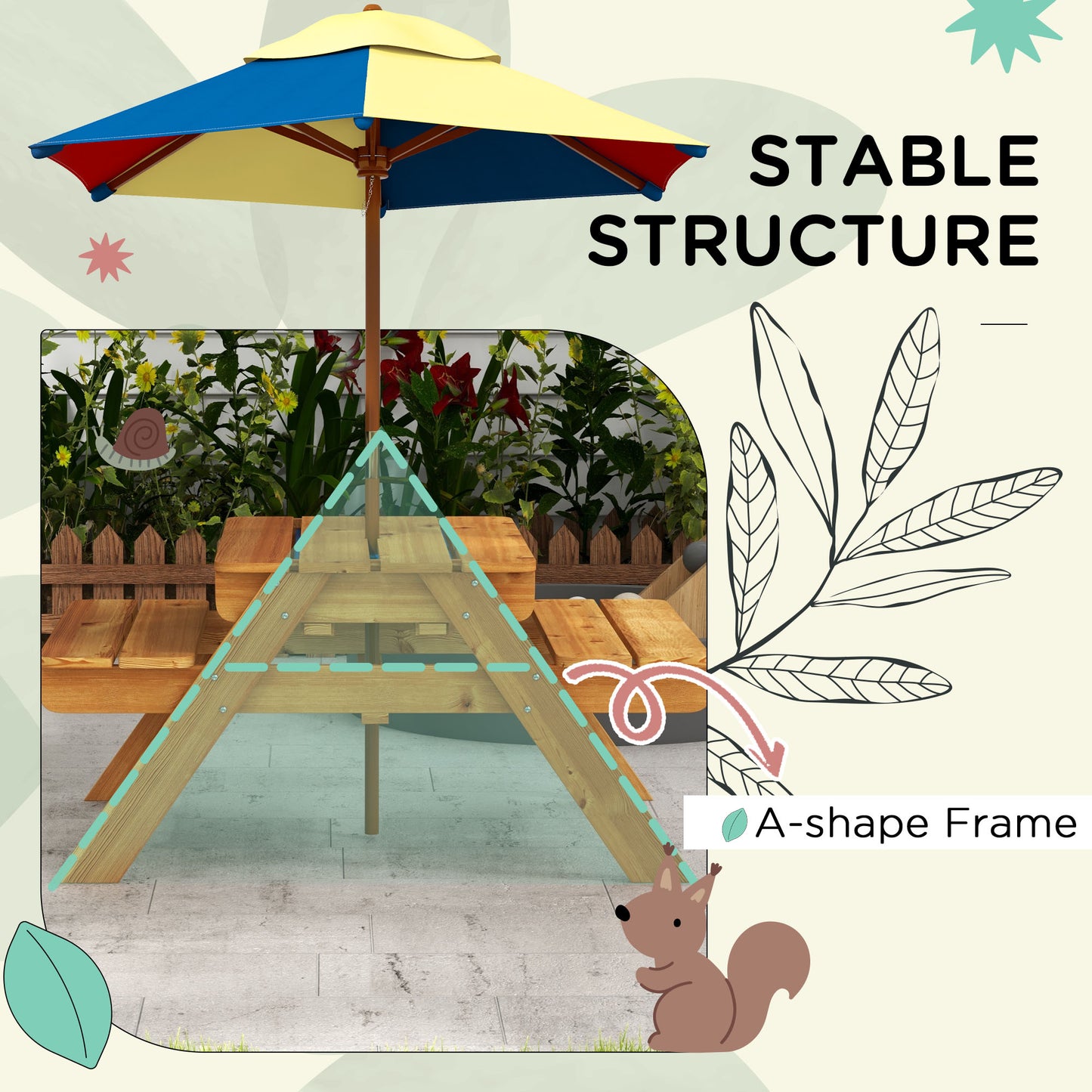 Outsunny Kids Picnic Table Set, 3 in 1 Sand Pit Activity Table, Kids Garden Furniture w/ Removable Parasol, for 3-6 Years