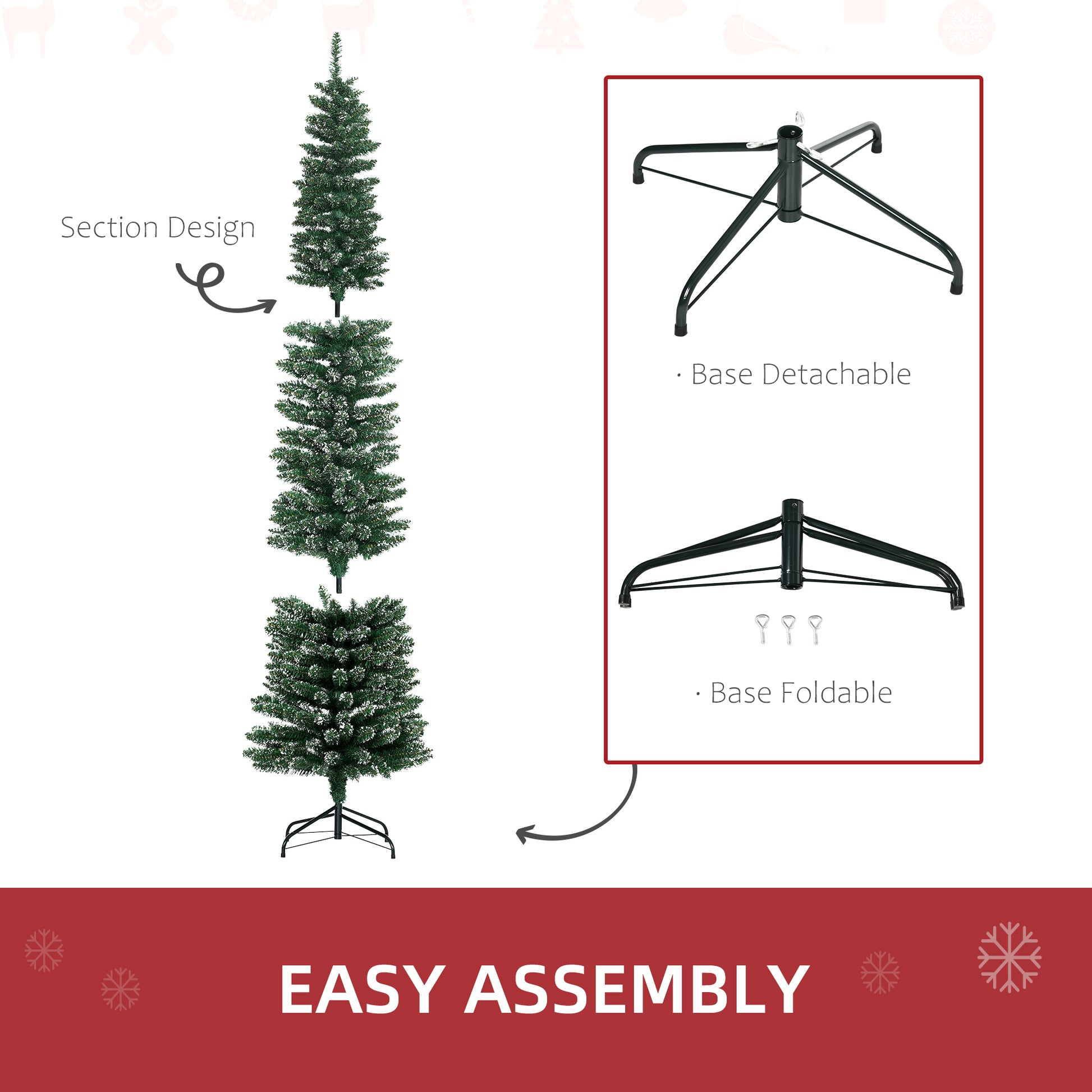 HOMCOM 7.5FT Artificial Christmas Tree Snow Dipped Xmas Pencil Tree Holiday Home Indoor Decoration with Foldable Black Stand, Green