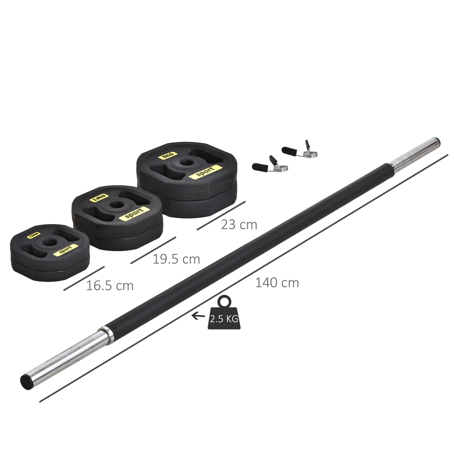 HOMCOM 20KGS Adjustable Barbell Set Plate Bar Clamp Rod Home Gym Sports Area Exercise Ergonomic Black