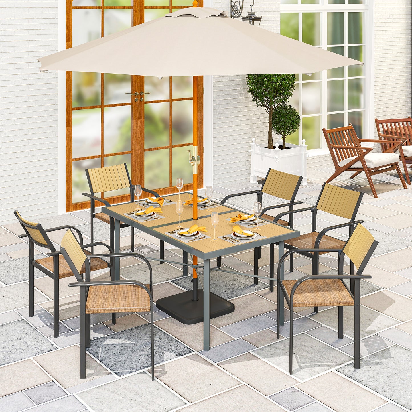 Outsunny Garden Table for 6, Outdoor Dining Table with 5cm Umbrella Hole, Wood Effect Top, Rust Resistant Frame, for Patio, Balcony, Terrace, 150 x 90 cm