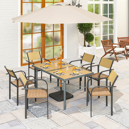 Outsunny Garden Table for 6, Outdoor Dining Table with 5cm Umbrella Hole, Wood Effect Top, Rust Resistant Frame, for Patio, Balcony, Terrace, 150 x 90 cm