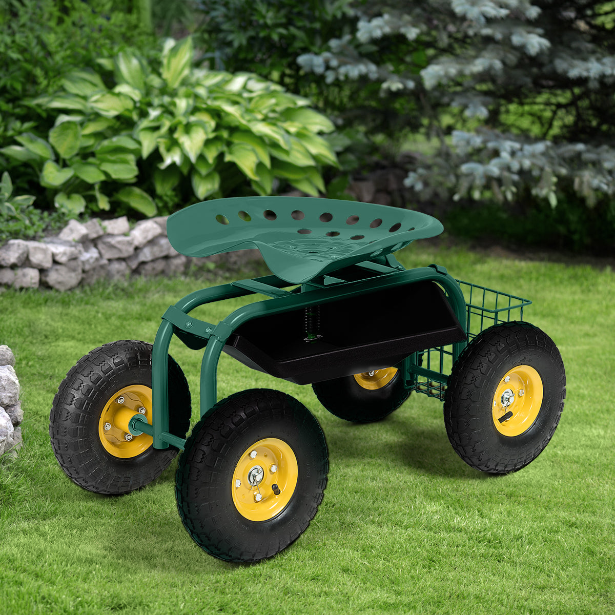Rolling Gardening Cart with Adjustable Height and 360° Swivel Seat-Green