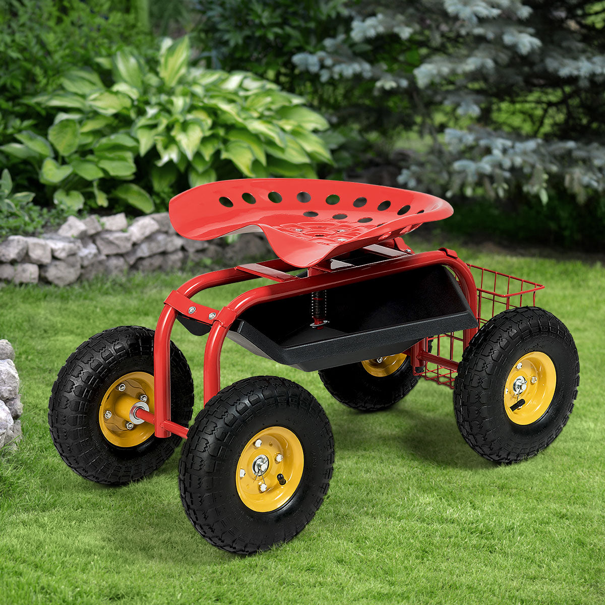 Rolling Gardening Cart with Adjustable Height and 360° Swivel Seat-Red