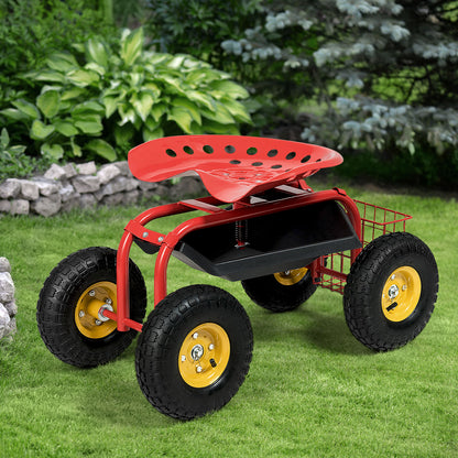 Rolling Gardening Cart with Adjustable Height and 360° Swivel Seat-Red