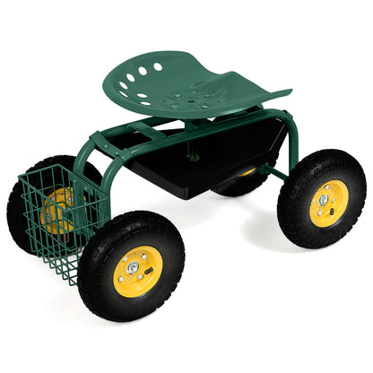 Rolling Gardening Cart with Adjustable Height and 360° Swivel Seat-Green