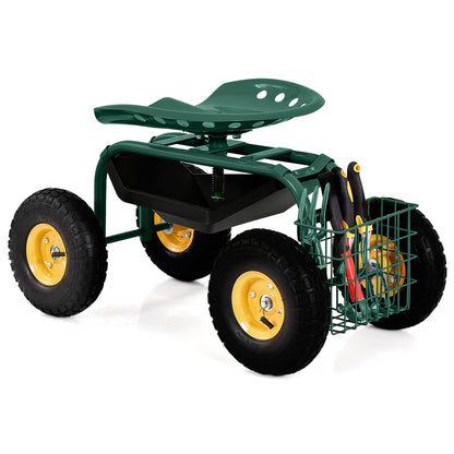 Rolling Gardening Cart with Adjustable Height and 360° Swivel Seat-Green