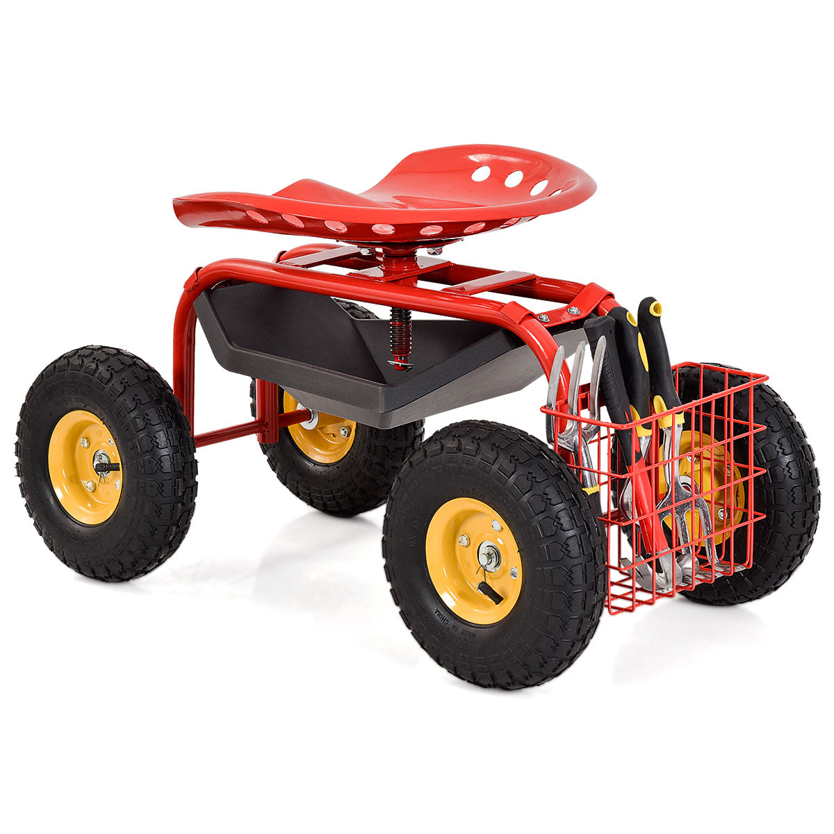 Rolling Gardening Cart with Adjustable Height and 360° Swivel Seat-Red