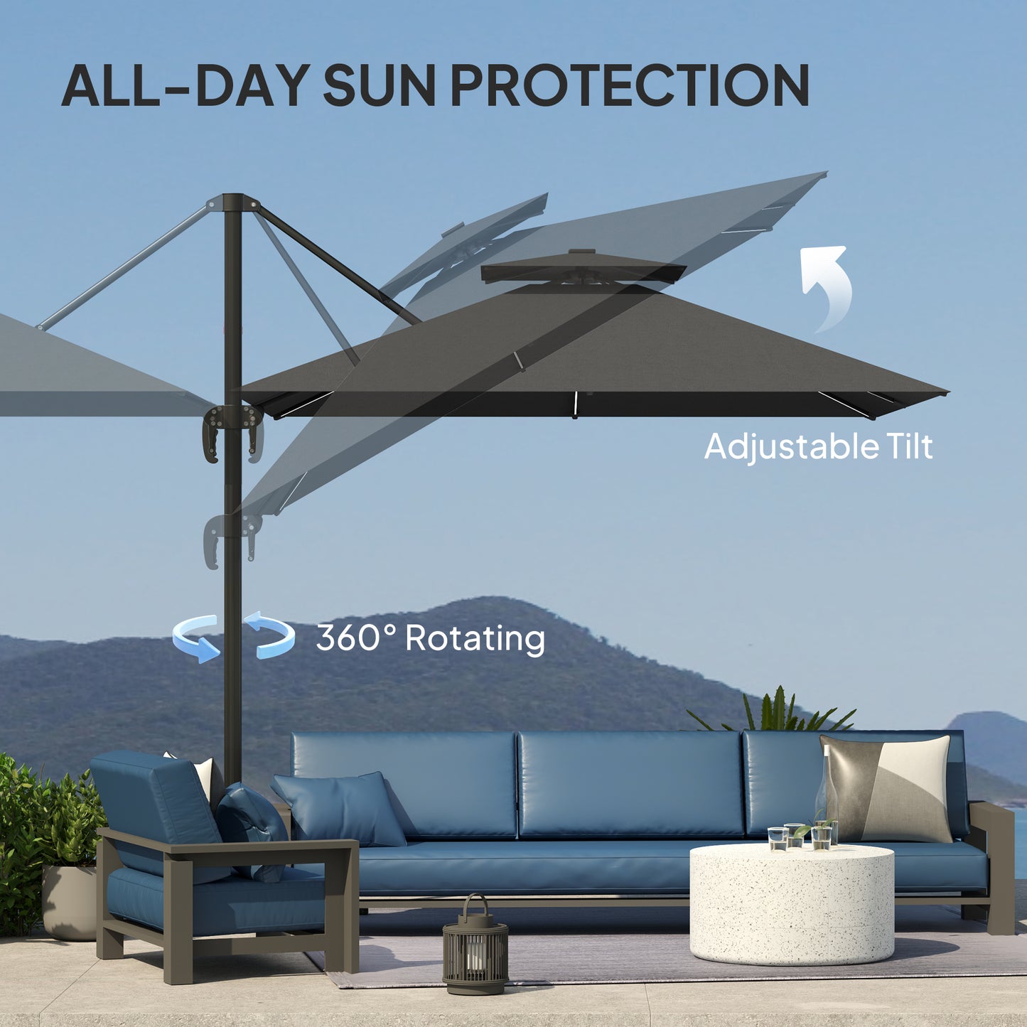 Outsunny 2.5m Cantilever Parasol with Solar Powered LED Lights, 360° Rotation, Tilt Adjustment, Crank Handle, Dark Grey