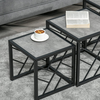 HOMCOM Set of 3 Nest of Tables, Square Side Tables with Black Metal Frame, for Living Room, Bedroom and Office, Grey