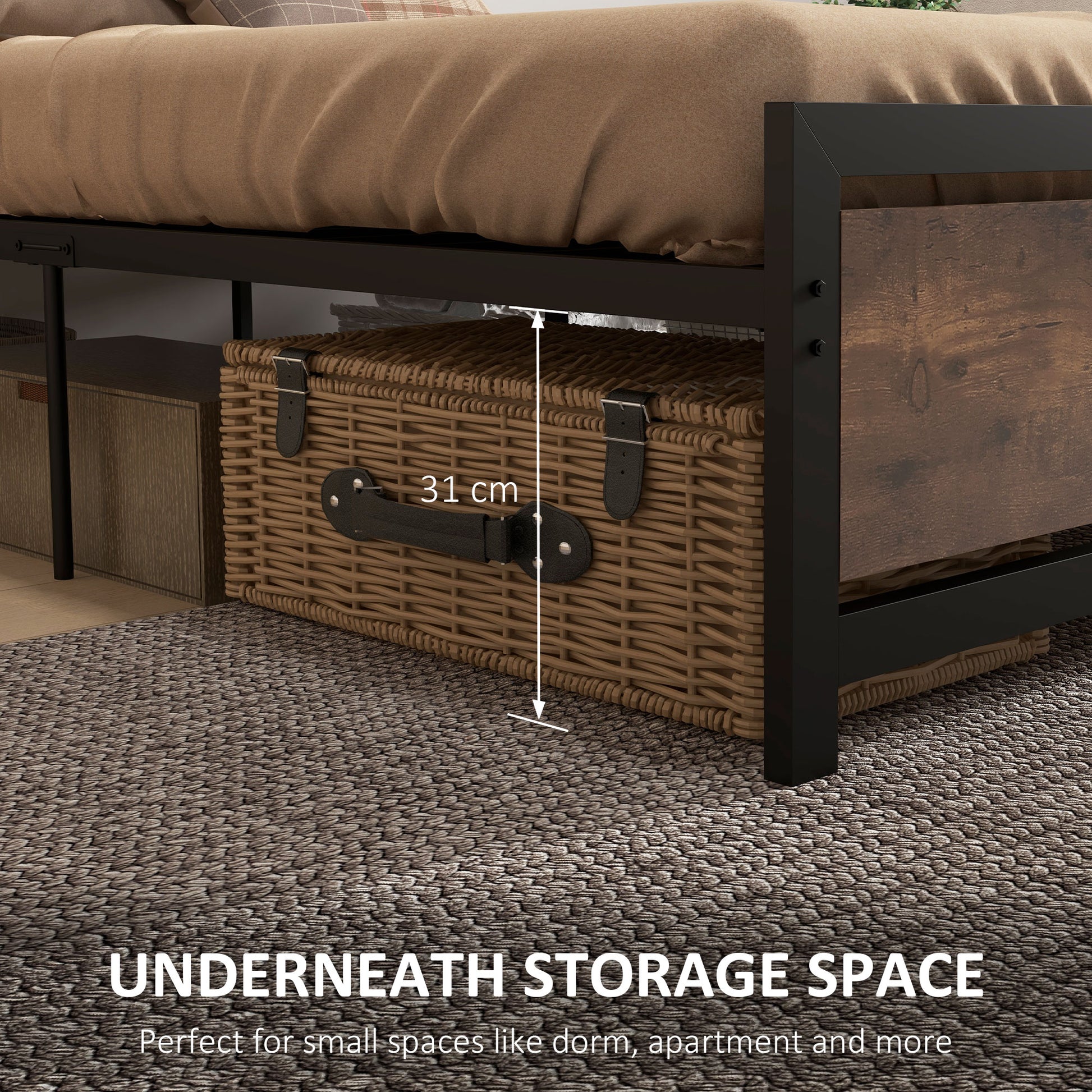 HOMCOM Single Metal Bed Frame with Headboard & Footboard, Strong Slat Support Solid Bedstead Base w/ Underbed Storage Space, No Box Spring Needed