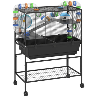 PawHut 3 Tier Large Hamster Cage on Wheels with 17 cm Deep Tray, Storage Shelf for Syrian, Gerbil, Rats