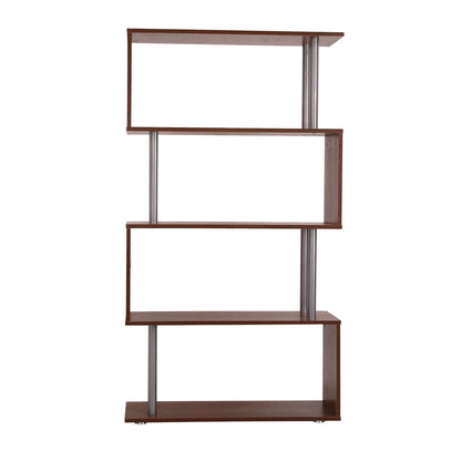 HOMCOM 4-Tires Wooden Bookcase S Shape Storage Bookshelf Display for Living Room, Bedroom, Office with Steel Frame, Walnut