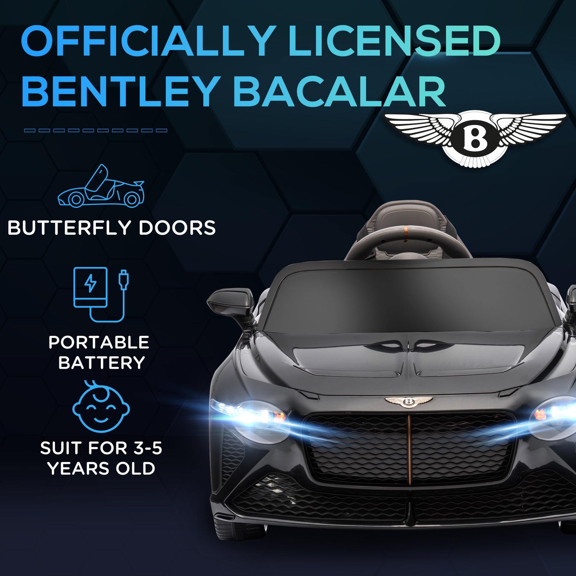 HOMCOM Bentley Bacalar Licensed 12V Kids Electric Ride on Car w/ Remote Control, Powered Electric Car with Portable Battery, Music, Horn