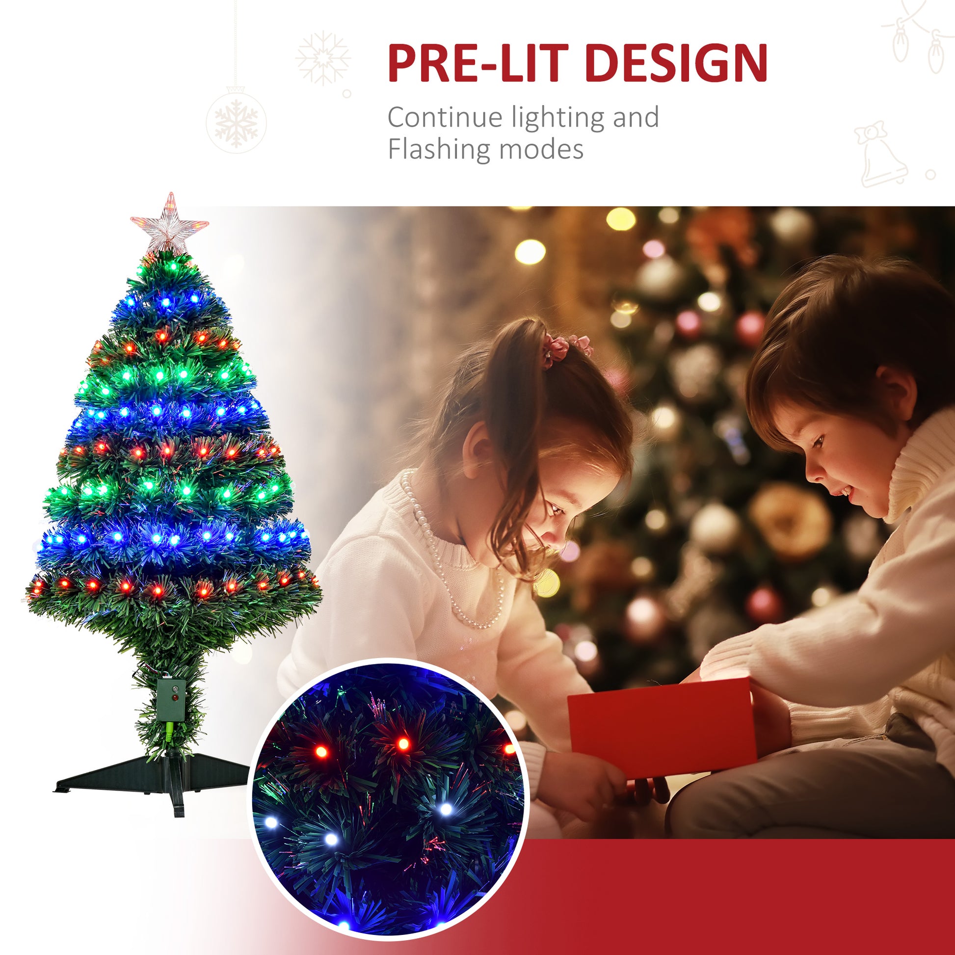 HOMCOM 3ft 90cm Fiber Optic Xmas Tree Artificial Christmas Tree