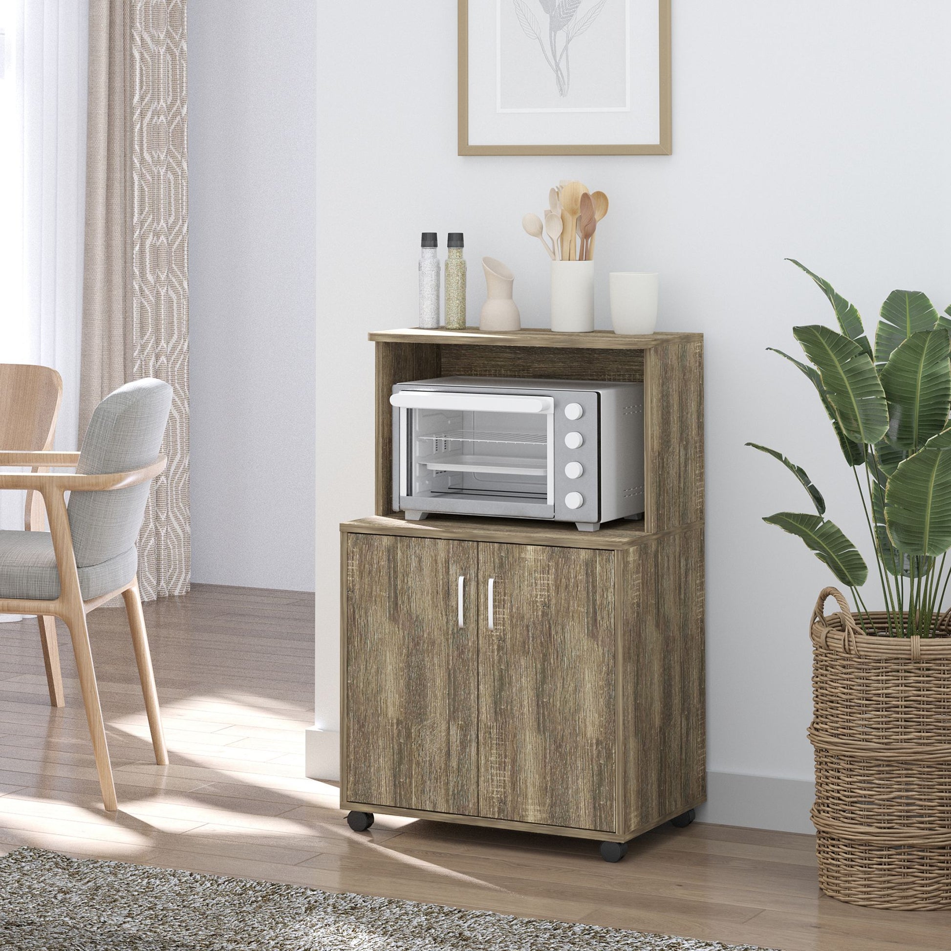 HOMCOM Microwave Cart on Wheels Utility Trolley Storage Sideboard Bookcase with 2-door Cabinet, 97H x 60.4W x 40.3Dcm, Grey